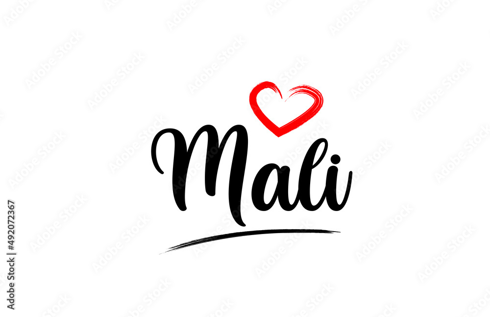 Mali country name with red love heart and black text