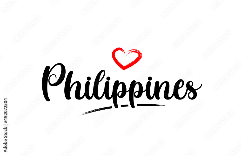 Philippines country name with red love heart and black text Philippines country name with red love heart and black text
