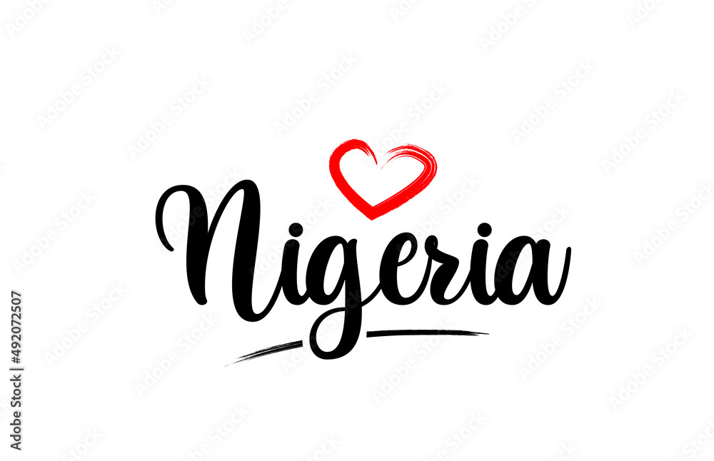 Nigeria country name with red love heart and black text