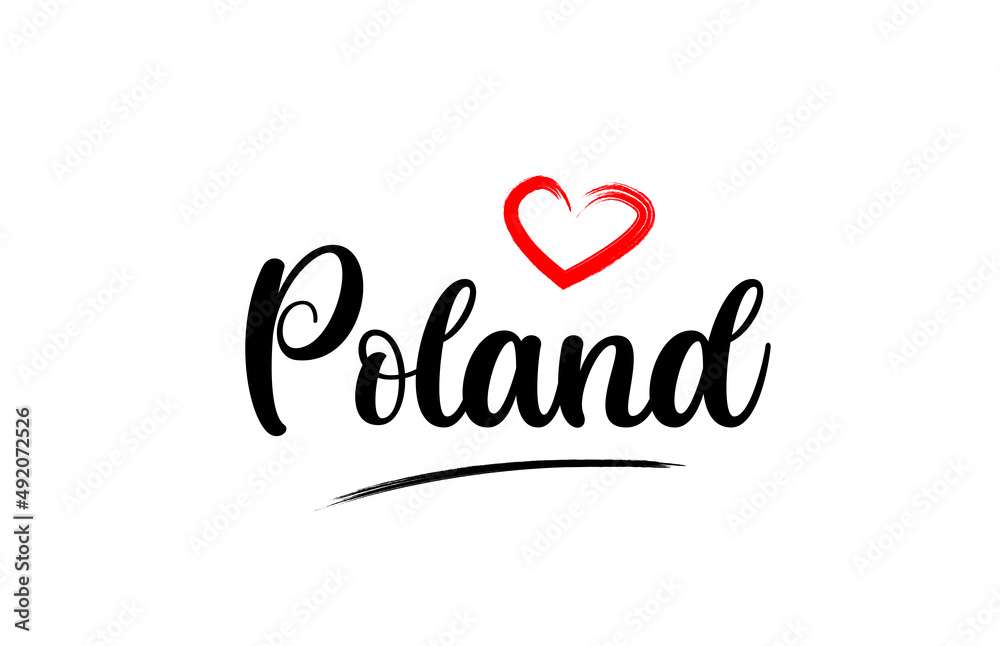 Poland country name with red love heart and black text