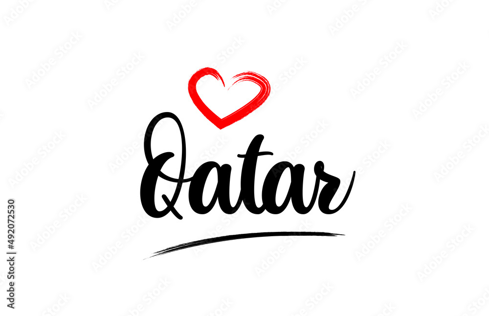Qatar country name with red love heart and black text