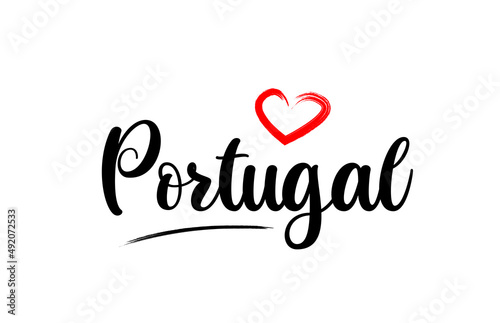 Portugal country name with red love heart and black text