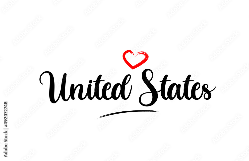 United States country name with red love heart and black text