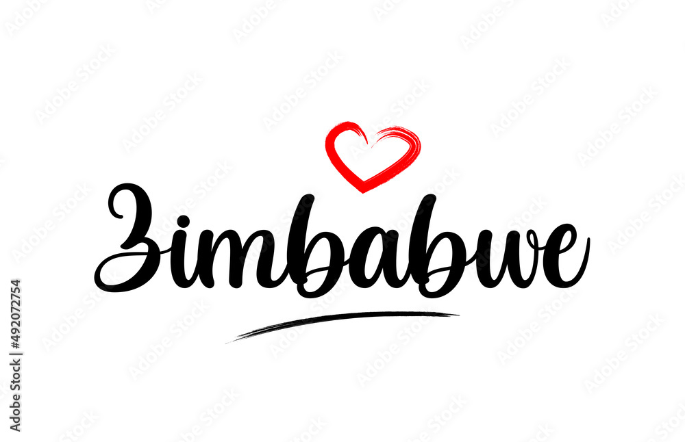 Zimbabwe country name with red love heart and black text Zimbabwe country name with red love heart and black text