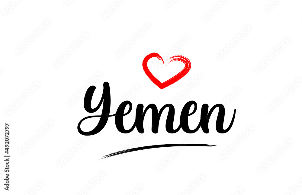 Yemen country name with red love heart and black text