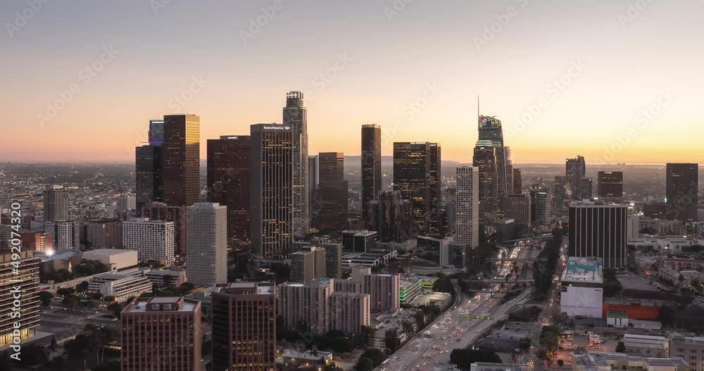 downtown Los Angeles at sunset, California, United States, forward drone motion