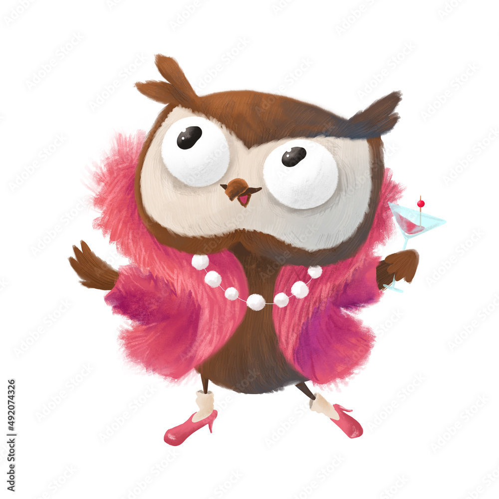 Naklejka premium Party owl with cocktail and pearl necklace. Night life. Cute cartoon character