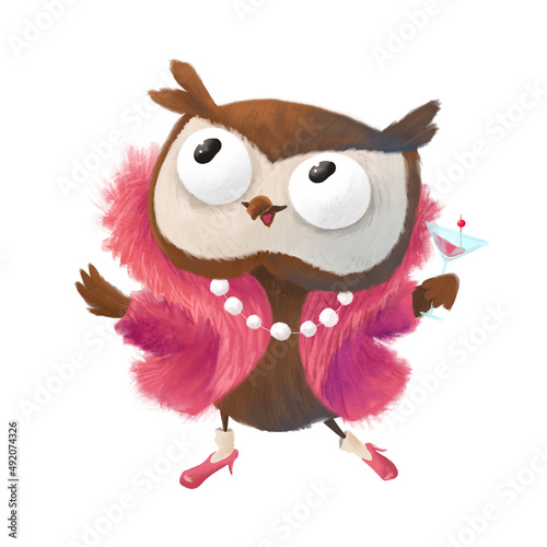 Party owl with cocktail and pearl necklace. Night life. Cute cartoon character