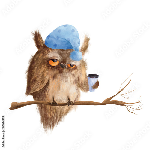 Tired sleepy owl with a cup of coffee and  a blue nightcap. Cute cartoon character.