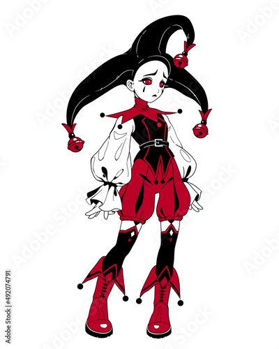cute sad theatrical harlequin in costume and hat