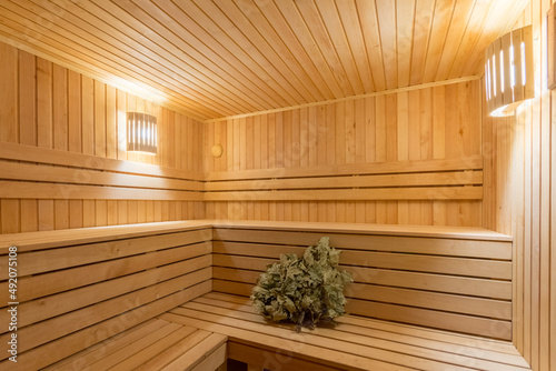 interior of empty dry finnish and russian sauna bath