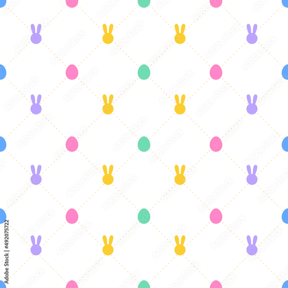 Cute Easter Egg Day Rabit Bunny Pastel Rainbow Purple Blue Green Yellow Orange Pink Diagonal Dash Line Seamless Pattern Cartoon Illustration, Mat, Fabric, Textile, Scarf, Wrapping Paper