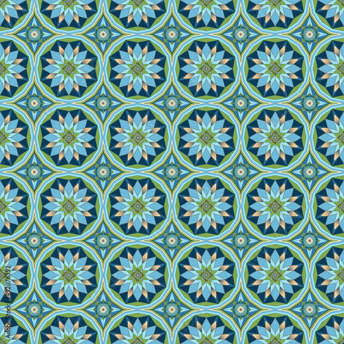 Vector, Seamless, Image in Islamic Style of Rectilinear Figures in Green and Blue Tones
