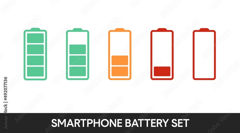 Smartphone battery icon set. Set of illustrations with smartphones with different battery charges Smartphone battery icon set. Set of illustrations with smartphones with different battery charges