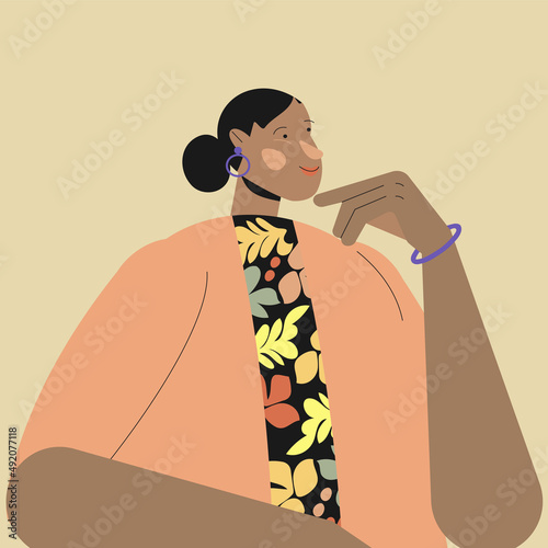 Personaje mujer latina mexicana pensando, contemplando  y disfrutando. Ropa con flores.