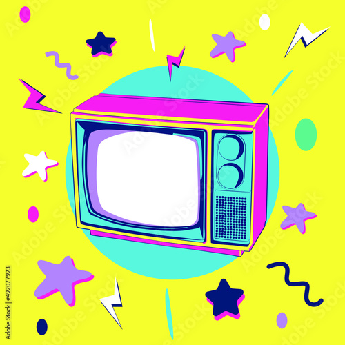 90s poster. Nineties flashback. Retro TV poster, 90s television with funky colorful design style textures and objects mix. Vintage vector, use it for sticker, calendar, print, background, and poster