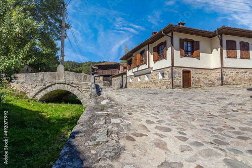 Ancient stone bridge with beautiful green grass photo