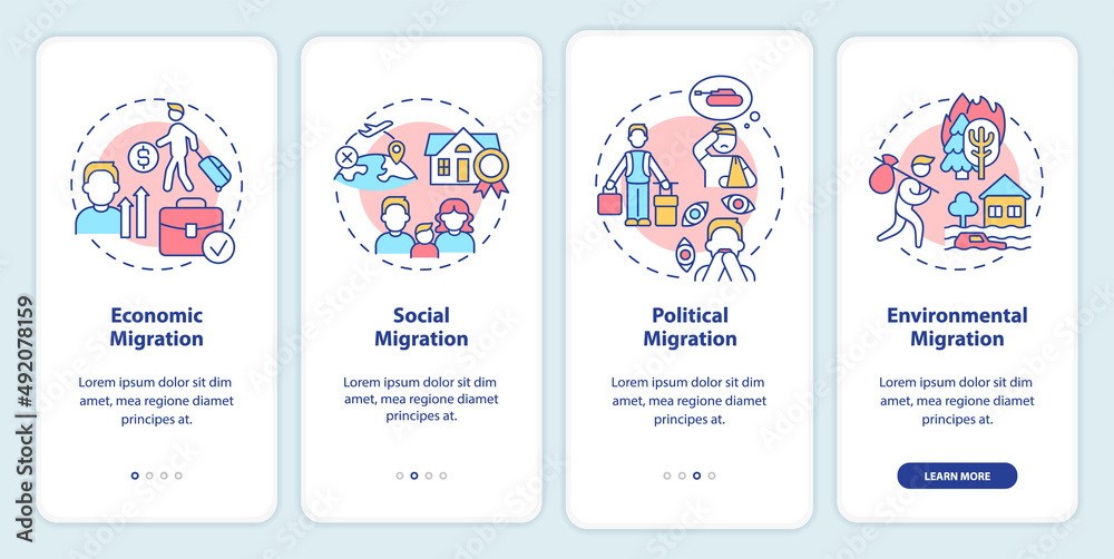 Reasons for migration onboarding mobile app screen. Leaving homeland walkthrough 4 steps graphic instructions pages with linear concepts. UI, UX, GUI template. Myriad Pro-Bold, Regular fonts used