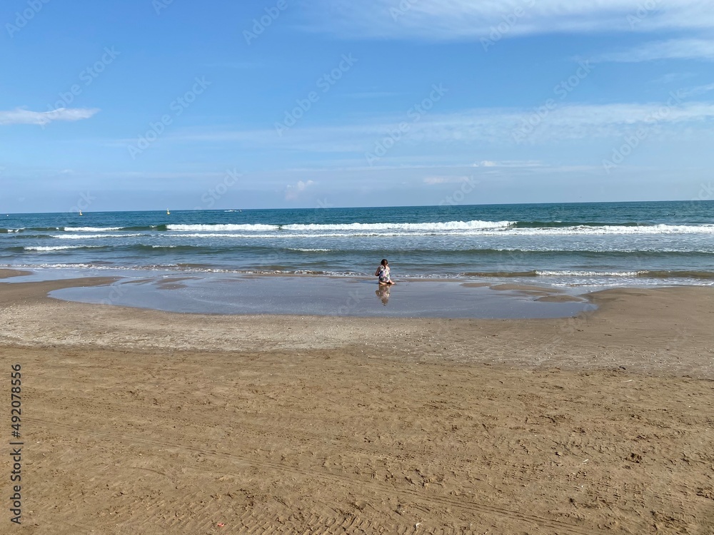 Seaside, half-term break, winter sun, beach, vacation, child playing, sand, sea view, Spain, Valencia beach, sunny, October
