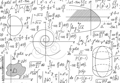Mathematical vector seamless background with handwritten algebra and geometry formulas on a white paper	

