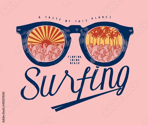 Tropical waves sunglasses. Vintage typography surfing t-shirt print