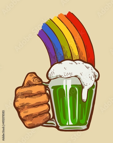 Hand holding beer mug with rainbow in it. St.patrick's day isolated vector illustration.