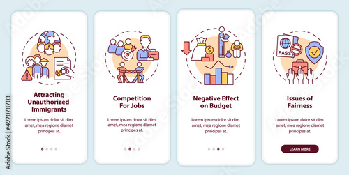 Legalizing immigrants bad impact onboarding mobile app screen. Walkthrough 4 steps graphic instructions pages with linear concepts. UI, UX, GUI template. Myriad Pro-Bold, Regular fonts used