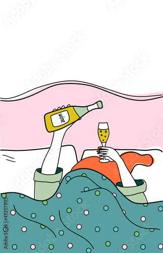 Vector illustration of woman in pajamas lying in bed with glass of prosecco and bottle. Wine party, good morning, relaxing and holiday concept.