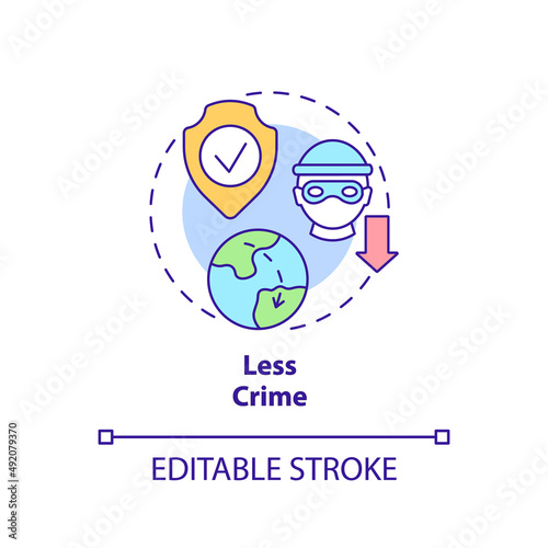 Less crime concept icon. Social issues avoiding. Pull factor for migration abstract idea thin line illustration. Isolated outline drawing. Editable stroke. Arial  Myriad Pro-Bold fonts used