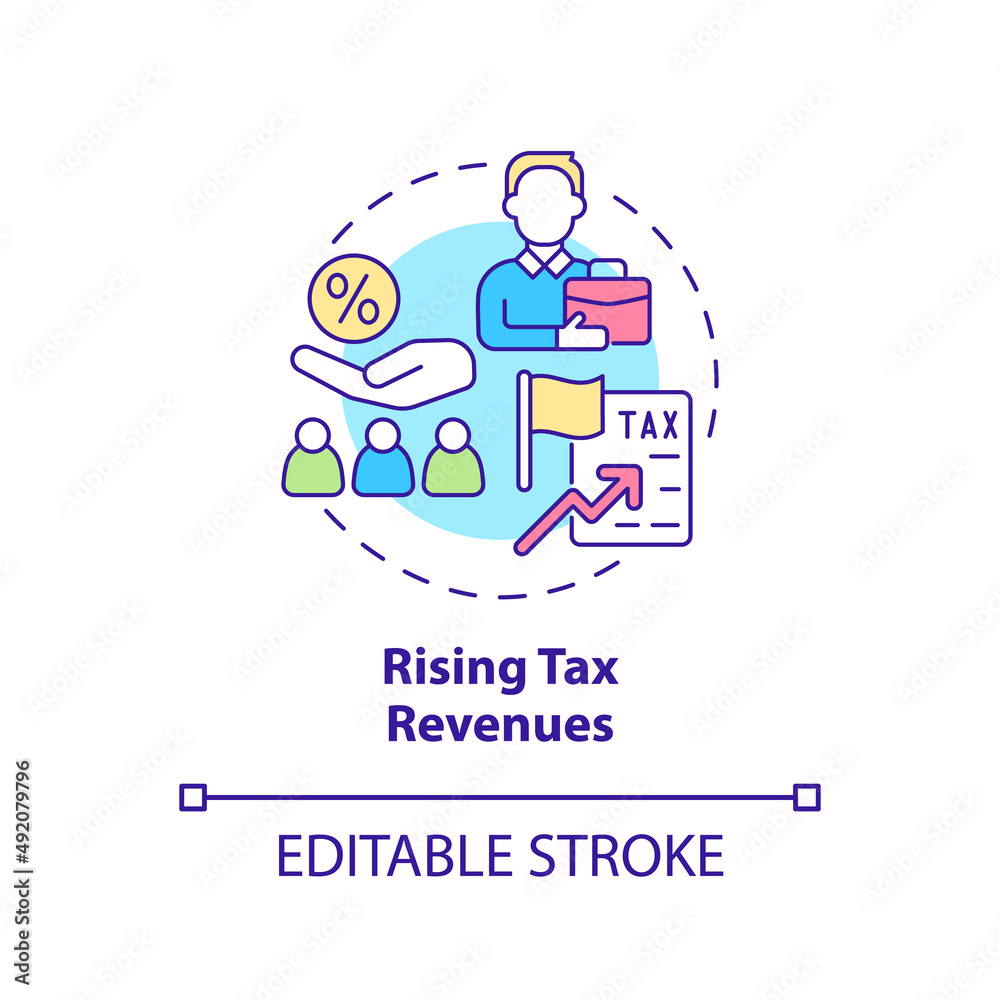 Rising tax revenues concept icon. Legalizing unauthorized immigrants positive impact abstract idea thin line illustration. Isolated outline drawing. Editable stroke. Arial, Myriad Pro-Bold fonts used