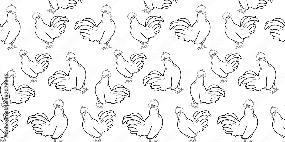 Seamless pattern with rooster or hen on a white background. Fresh. Poultry farm. Doodle, hand drawing. Suitable for wallpaper, web page background, surface textures, textile. Seamless pattern with rooster or hen on a white background. Fresh. Poultry farm. Doodle, hand drawing. Suitable for wallpaper, web page background, surface textures, textile.