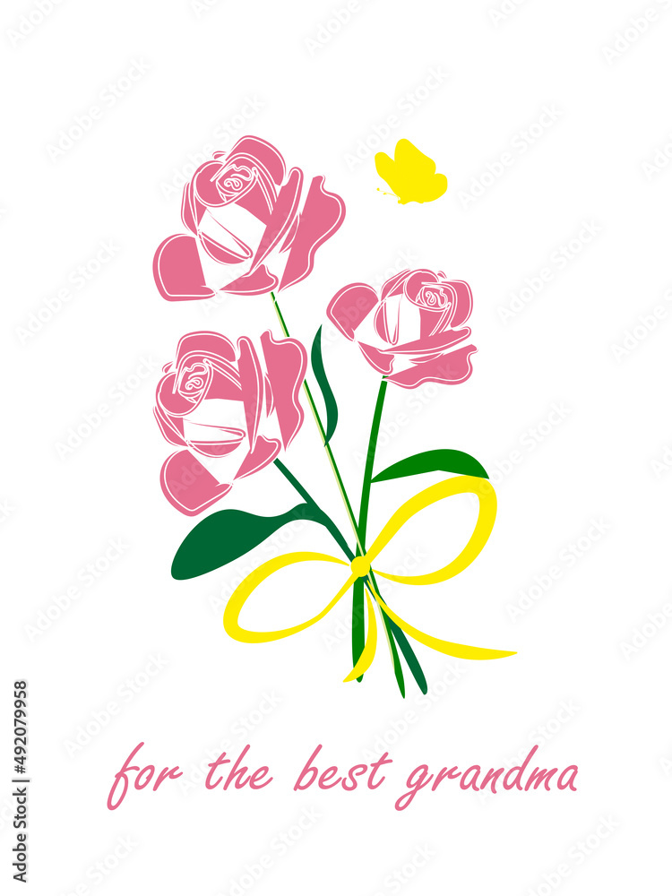 A bouquet of pink flowers with a bow and a butterfly, the inscription for the best grandma, suitable for a postcard, poster.