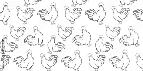 Seamless pattern with rooster or hen on a white background. Fresh. Poultry farm. Doodle, hand drawing. Suitable for wallpaper, web page background, surface textures, textile.