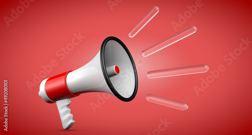3D Render red and white megaphone isolated on red background.