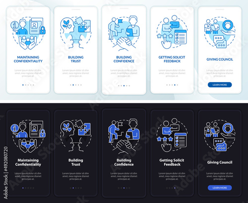 HR communicative skills night and day mode onboarding mobile app screen. Walkthrough 5 steps graphic instructions pages with linear concepts. UI, UX, GUI template. Myriad Pro-Bold, Regular fonts used