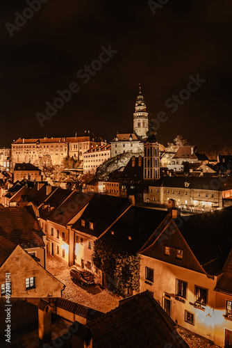 Nigth view of Cesky Krumlov,Czech Republic.Famous Czech medieval town with Renaissance and Baroque castle on steep rock above Vltava river.UNESCO heritage site.Urban monument reservation.Evening city