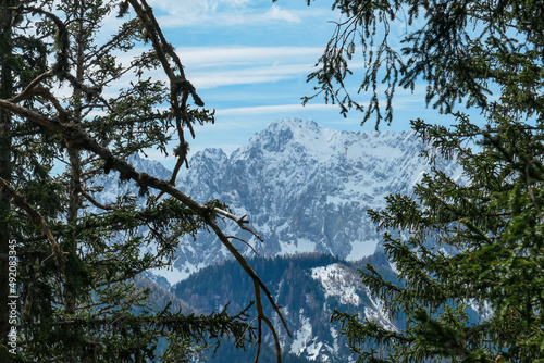 Scenic view of snow capped mountain peaks of Karawanks on the way to Sinacher Gupf in Carinthia, Austria. Mount Wertatscha is visible through dense forest in early spring. Rosental on a sunny day.Hike photo