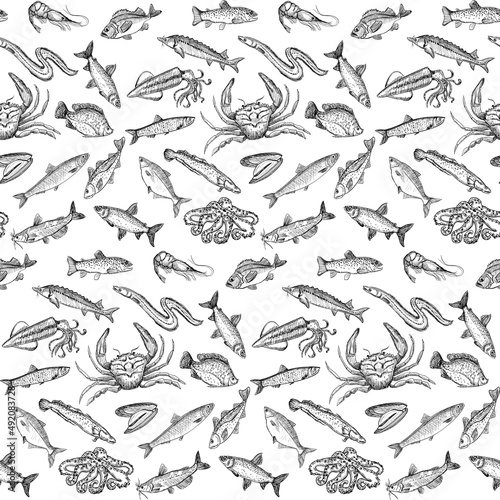 Wallpaper Mural Graphic seamless pattern with fish and seafood elements, vector sketch style hand drawn illustration suitable for textile Torontodigital.ca