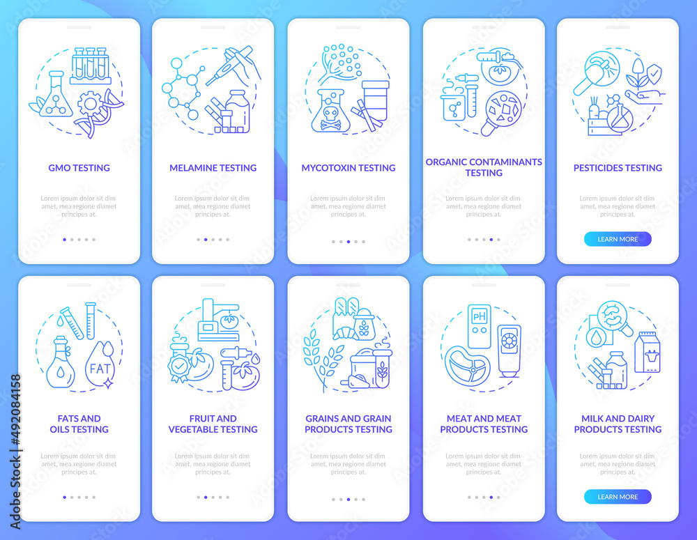 Food products testing lab blue gradient onboarding mobile app screen set. Walkthrough 5 steps graphic instructions pages with linear concepts. UI, UX, GUI template. Myriad Pro-Bold, Regular fonts used