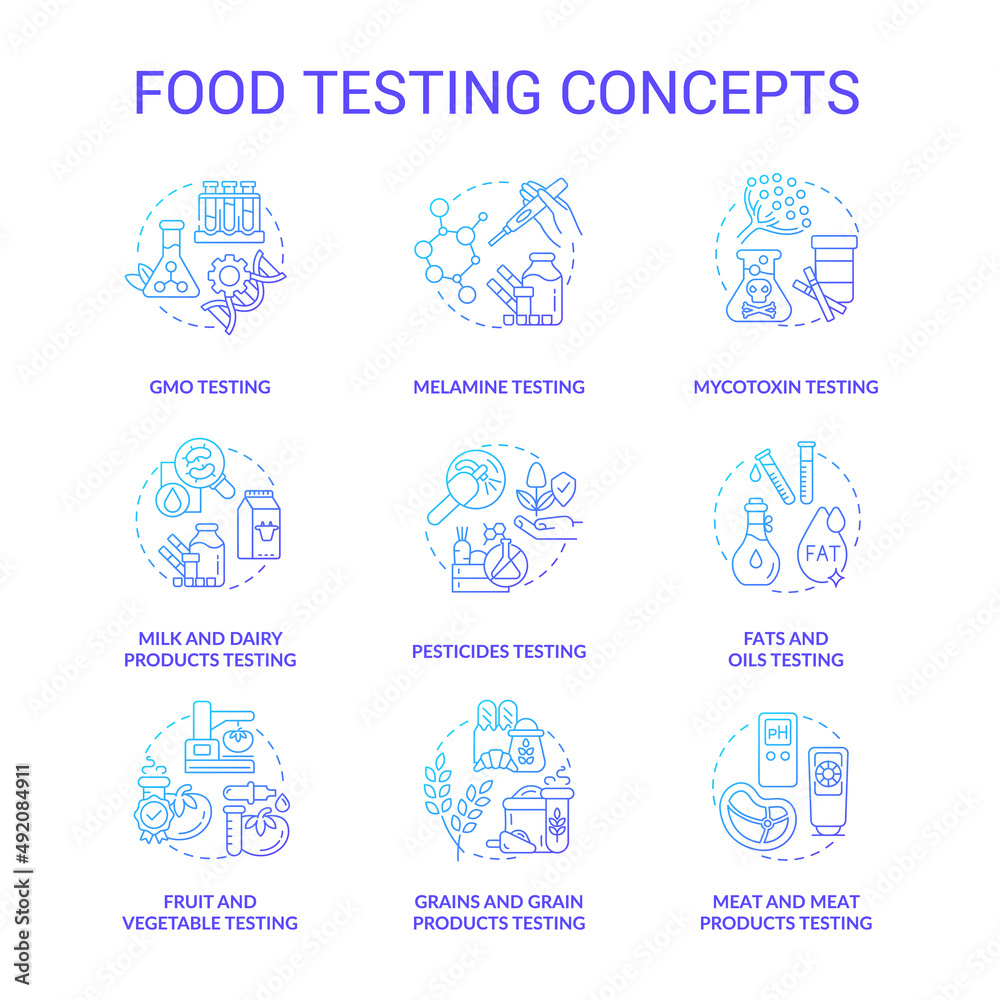 Food testing blue gradient concept icons set. Performing experiments for analysis idea thin line color illustrations. Meat, dairy products. Isolated symbols. Roboto-Medium, Myriad Pro-Bold fonts used