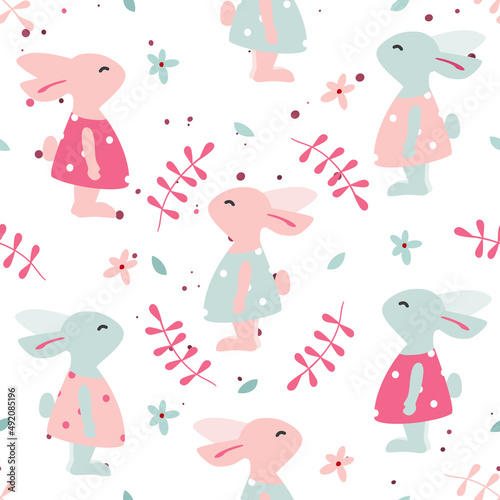 Seamless pattern with cute Easter bunnies in polka dot dresses. Used for printing on paper, fabric, packaging, wallpaper. Eps10.