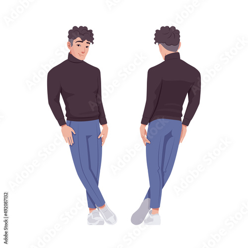 Office man standing leaning pose business casual look smart guy. Sporty chic office outfits young businessman. Vector flat style cartoon character set isolated on white background, front, rear view