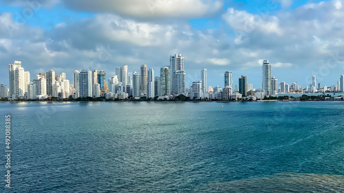 Cartagena, Colombia, Bocagrande Harbor. City skyline and major port on northern coast of Colombia in Caribbean Coast Region. One of the most expensive and exclusive neighborhoods in the country. photo