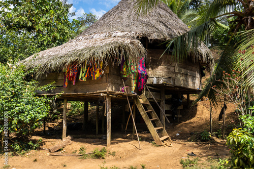 Embera Puru Embera village in Panama. A traditional Emberá house is an open-air dwelling raised off the ground on stilts, thatched roofing made from palm leaves. Colorful paruma cloth and hibiscus.