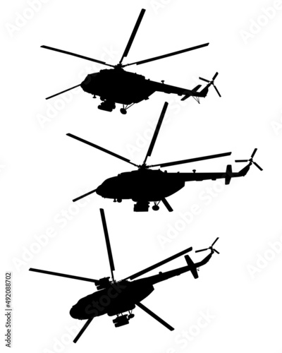 Silhouettes of military helicopter on a white background
