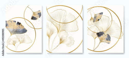 Abstract luxury art background with golden rings and ginkgo leaves. Botanical poster set for decoration, interior design, textile, packaging