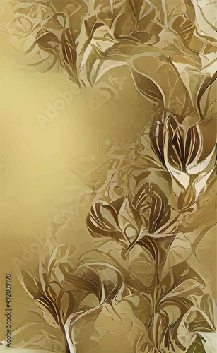 luxury gold floral line art wallpaper vector. Exotic botanical background, Tulip flower vintage boho style for textiles, wall art, fabric, wedding invitation, cover design Vector illustration.
