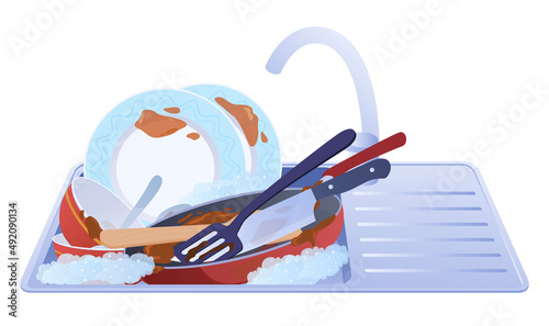 Pile of dirty dishes at kitchen metallic sink with faucet vector flat illustration