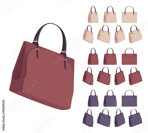 Fashion ladies hand bag bundle, female handbag elegant accessory collection. Beautiful classic leather purse. Vector flat style cartoon set isolated on white background, different views and colors