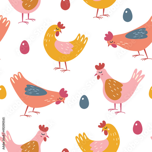 Seamless pattern with chickens and colorful eggs. Bright Easter pattern.